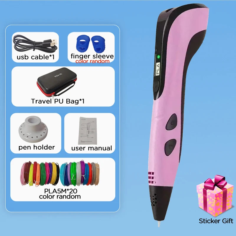 3D Pen Set For Children 3D Printing Pen with LED Screen 100M PLA Power Adapter Travel Box Christmas Birthday Gift for Kids