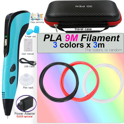 3D Printing Pen Set for Children with LCD Screen Power Adapter 30Color PLA Filament Travel Case Birthday Christmas Gift for Kids