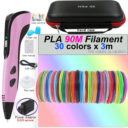 3D Printing Pen Set for Children with LCD Screen Power Adapter 30Color PLA Filament Travel Case Birthday Christmas Gift for Kids