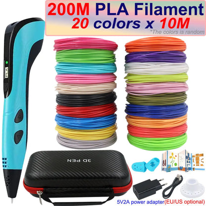 New Children's 3D Pen 3D Printing Pen with LCD Screen 200M PLA and Power Adapter Travel Case Christmas Birthday Gift for Kids