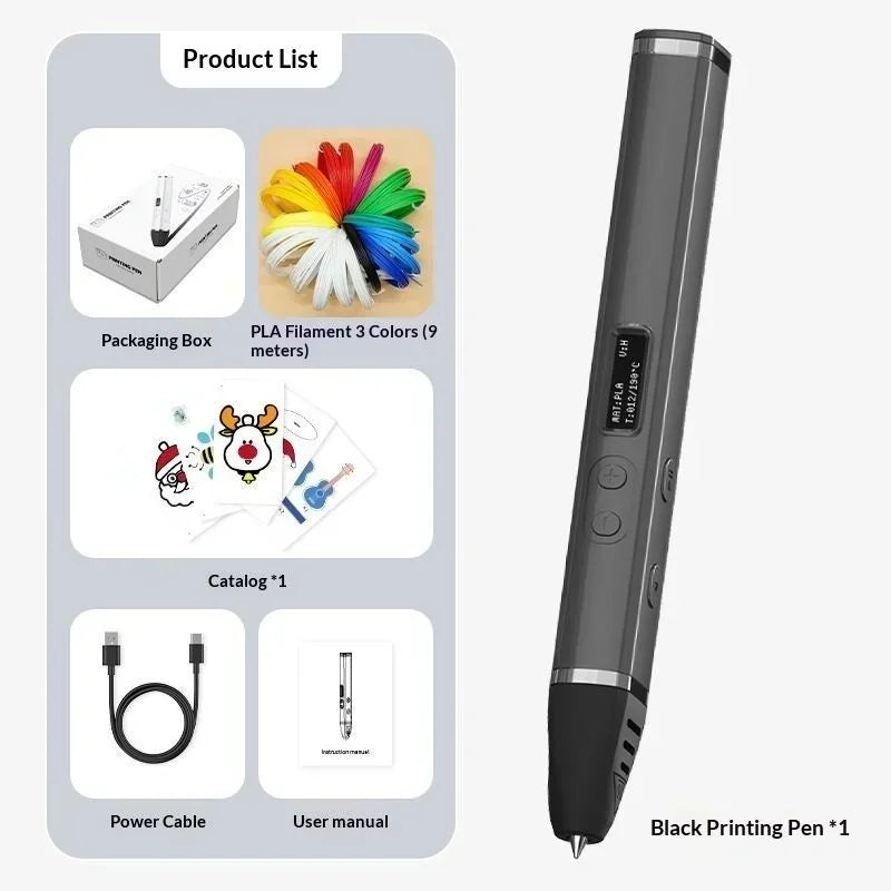 Professional 3D Printing Pen with OLED Screen Intelligent AI Chip 3 Gears Adjustable Ceramic Nozzle Support PLA/ABS 1.75mm