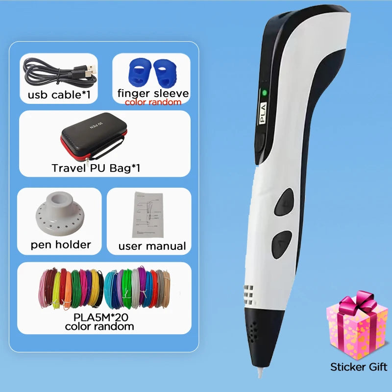 3D Printing Pen Children DIY Drawing Pen LED Screen Power Supply Adapter Travel Carry Box 100M PLA Birthday Christmas Gift Kids