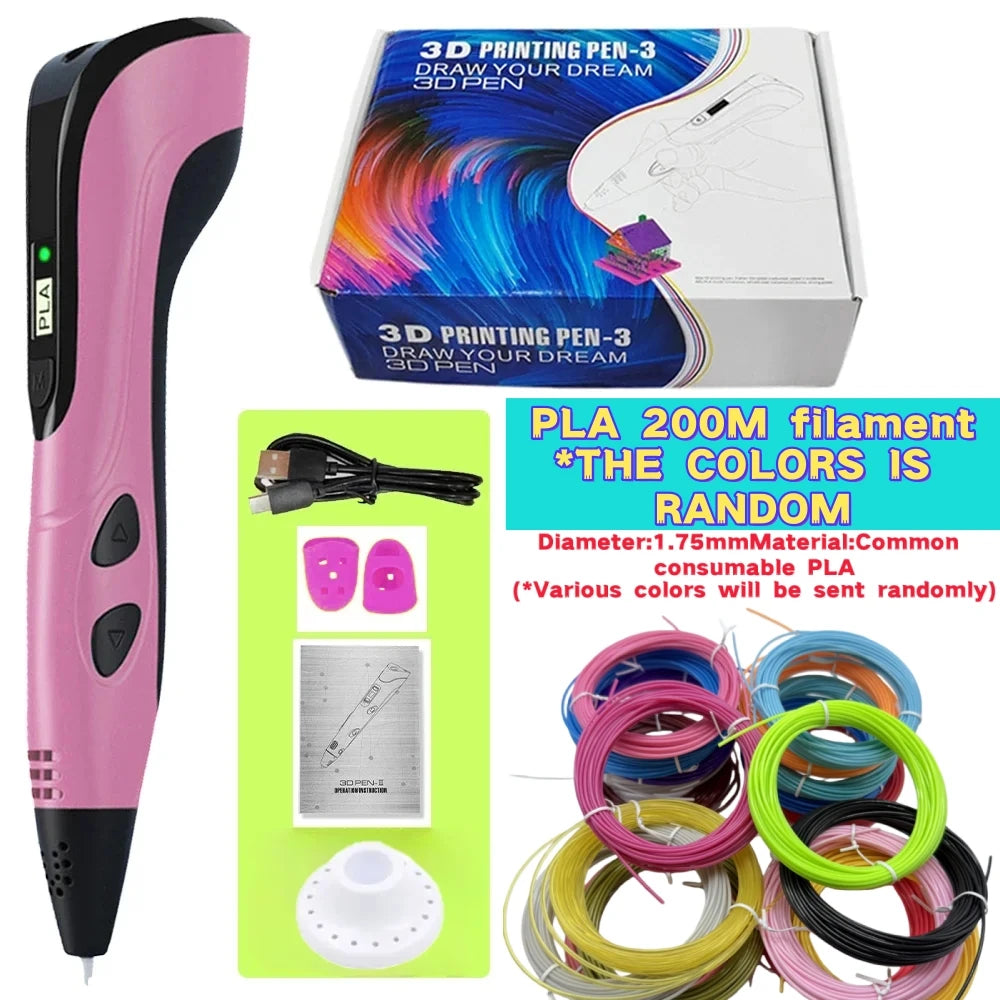 Third-Generation Super 3D Pen, with 1.75mm PLA Filament, LED Display, 3D Printing Pen, Children's Birthday or Christmas Gift