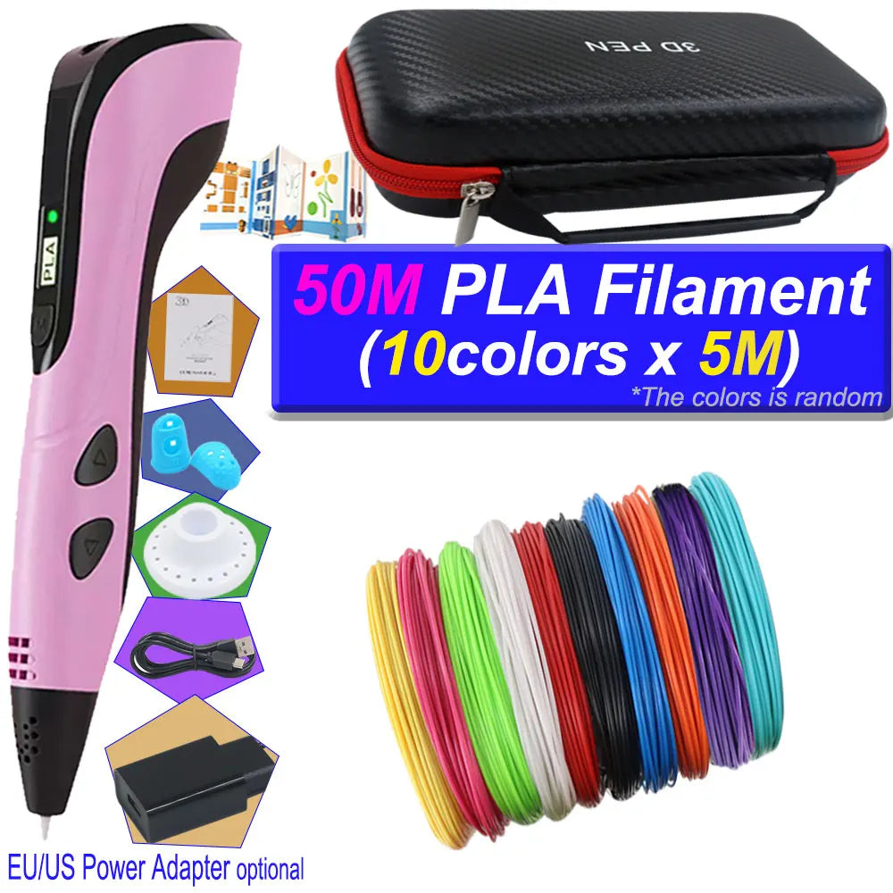 2026 3D Pen Set for Children 3D Printing Pen with LED Screen 200M PLA Power Adapter Travel Box Christmas Birthday Gift for Kids