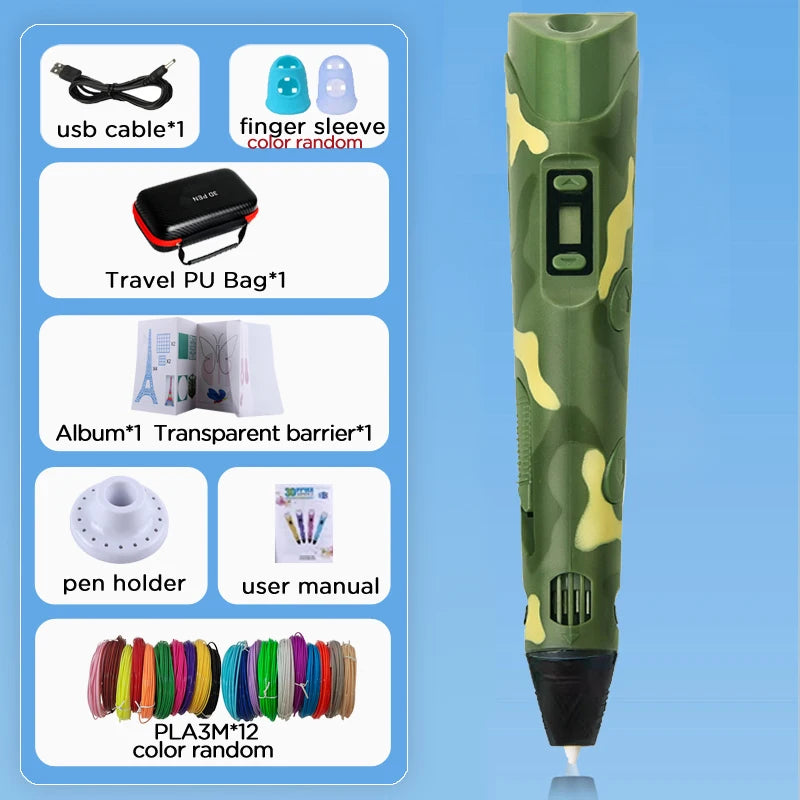 3D Pen for Kids Children 3D Drawing Printing Pen with LCD Screen Power Adapter 200M PLA Filament DIY Gift for Christmas Birthday