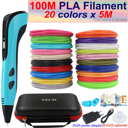 New Children's 3D Pen 3D Printing Pen with LCD Screen 200M PLA and Power Adapter Travel Case Christmas Birthday Gift for Kids