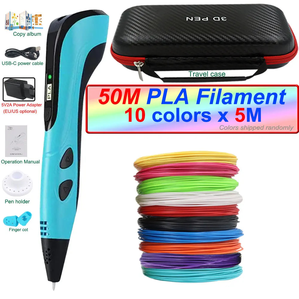 2026 New 3D Printing Pen 3D Pen for Children with Power Adapter 200M PLA Filament Travel Case Birthday Christmas Gift for Kids