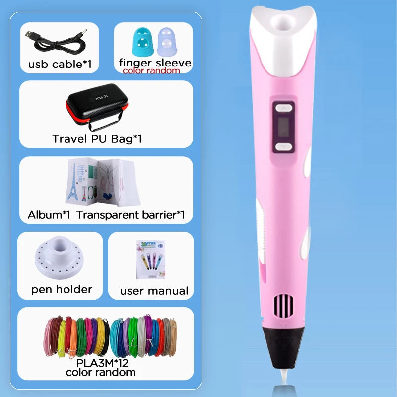 3D Pen for Kids Children 3D Drawing Printing Pen with LCD Screen Power Adapter 200M PLA Filament DIY Gift for Christmas Birthday