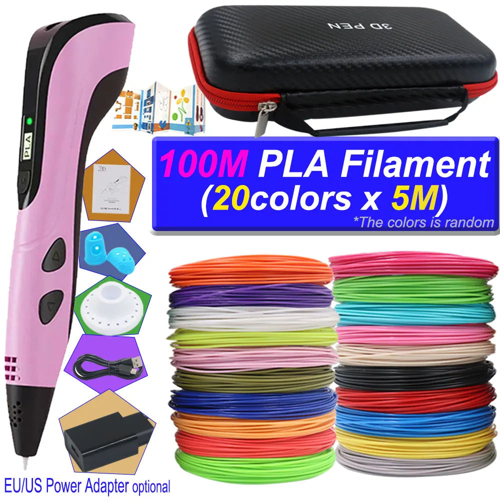 2026 3D Pen Set for Children 3D Printing Pen with LED Screen 200M PLA Power Adapter Travel Box Christmas Birthday Gift for Kids