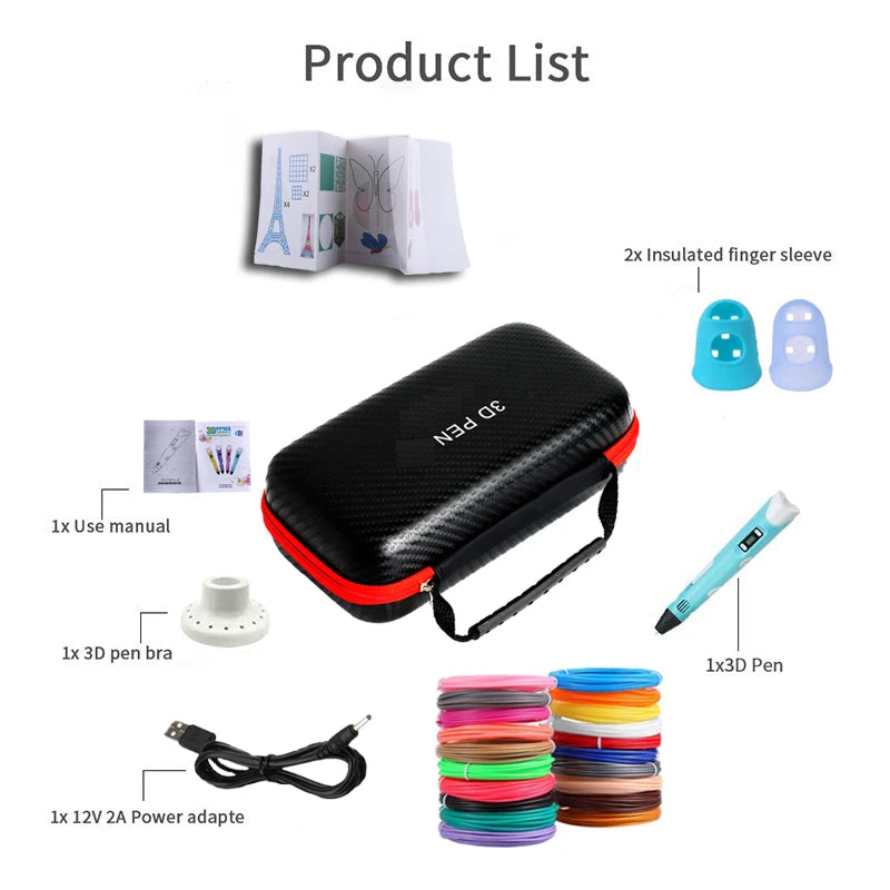 3D Pen for Kids Children 3D Drawing Printing Pen with LCD Screen Power Adapter 200M PLA Filament DIY Gift for Christmas Birthday
