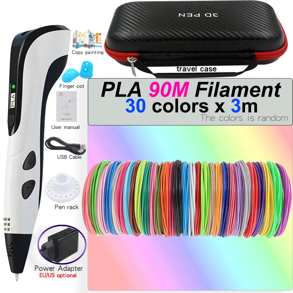 3D Printing Pen Set for Children with LCD Screen Power Adapter 30Color PLA Filament Travel Case Birthday Christmas Gift for Kids