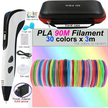 3D Printing Pen Set for Children with LCD Screen Power Adapter 30Color PLA Filament Travel Case Birthday Christmas Gift for Kids