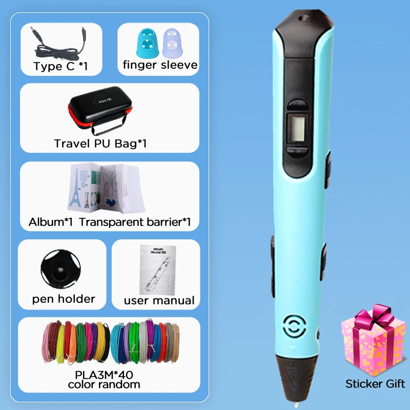 3D Pen for Children 3D Printing Pen with LED Screen 100M PLA 3M 40 Colors USB With Storage Box Christmas Birthday Gift for Kids