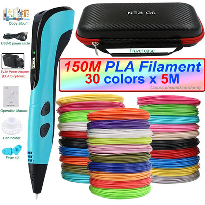 2026 New 3D Printing Pen 3D Pen for Children with Power Adapter 200M PLA Filament Travel Case Birthday Christmas Gift for Kids