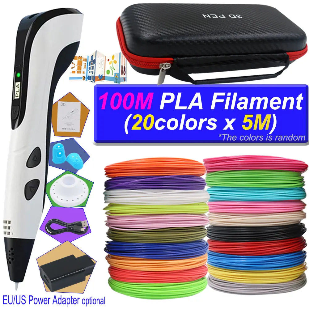 2026 3D Pen Set for Children 3D Printing Pen with LED Screen 200M PLA Power Adapter Travel Box Christmas Birthday Gift for Kids