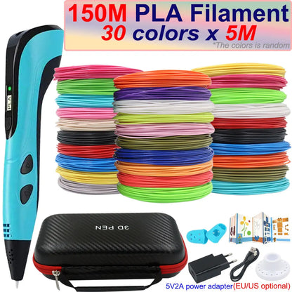 New Children's 3D Pen 3D Printing Pen with LCD Screen 200M PLA and Power Adapter Travel Case Christmas Birthday Gift for Kids