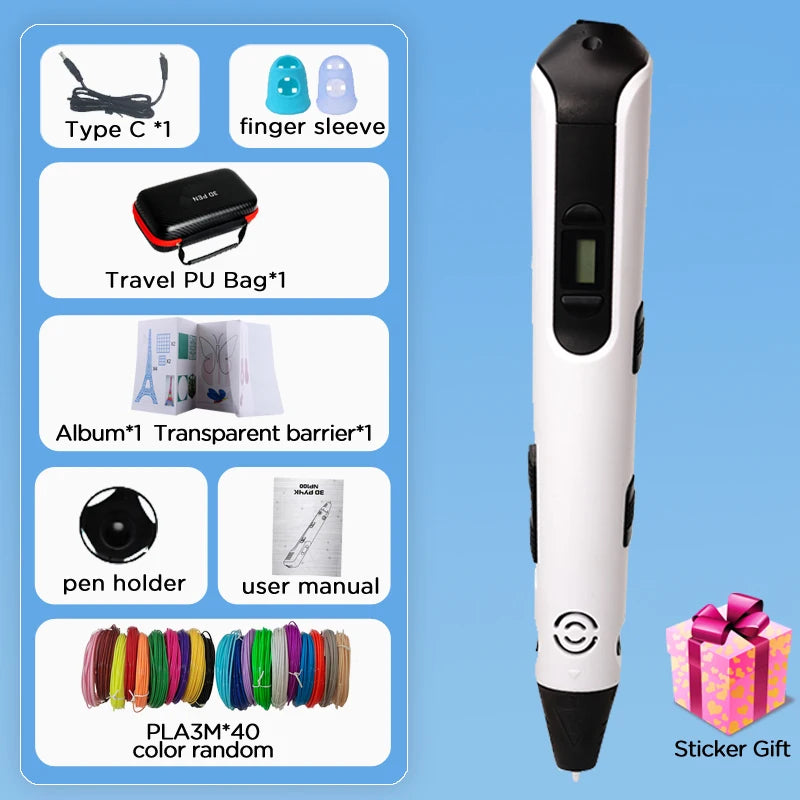3D Pen for Children 3D Printing Pen with LED Screen 100M PLA 3M 40 Colors USB With Storage Box Christmas Birthday Gift for Kids