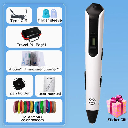 3D Pen for Children 3D Printing Pen with LED Screen 100M PLA 3M 40 Colors USB With Storage Box Christmas Birthday Gift for Kids