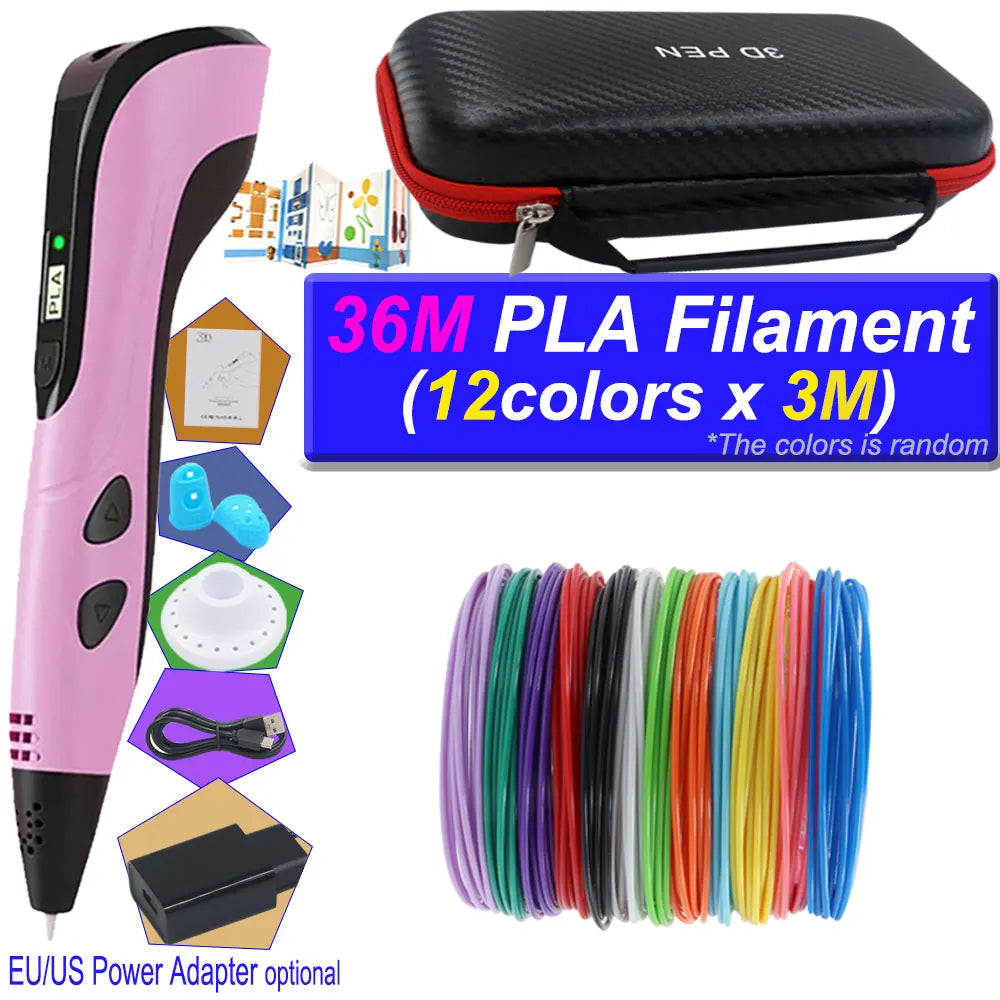 2026 3D Pen Set for Children 3D Printing Pen with LED Screen 200M PLA Power Adapter Travel Box Christmas Birthday Gift for Kids