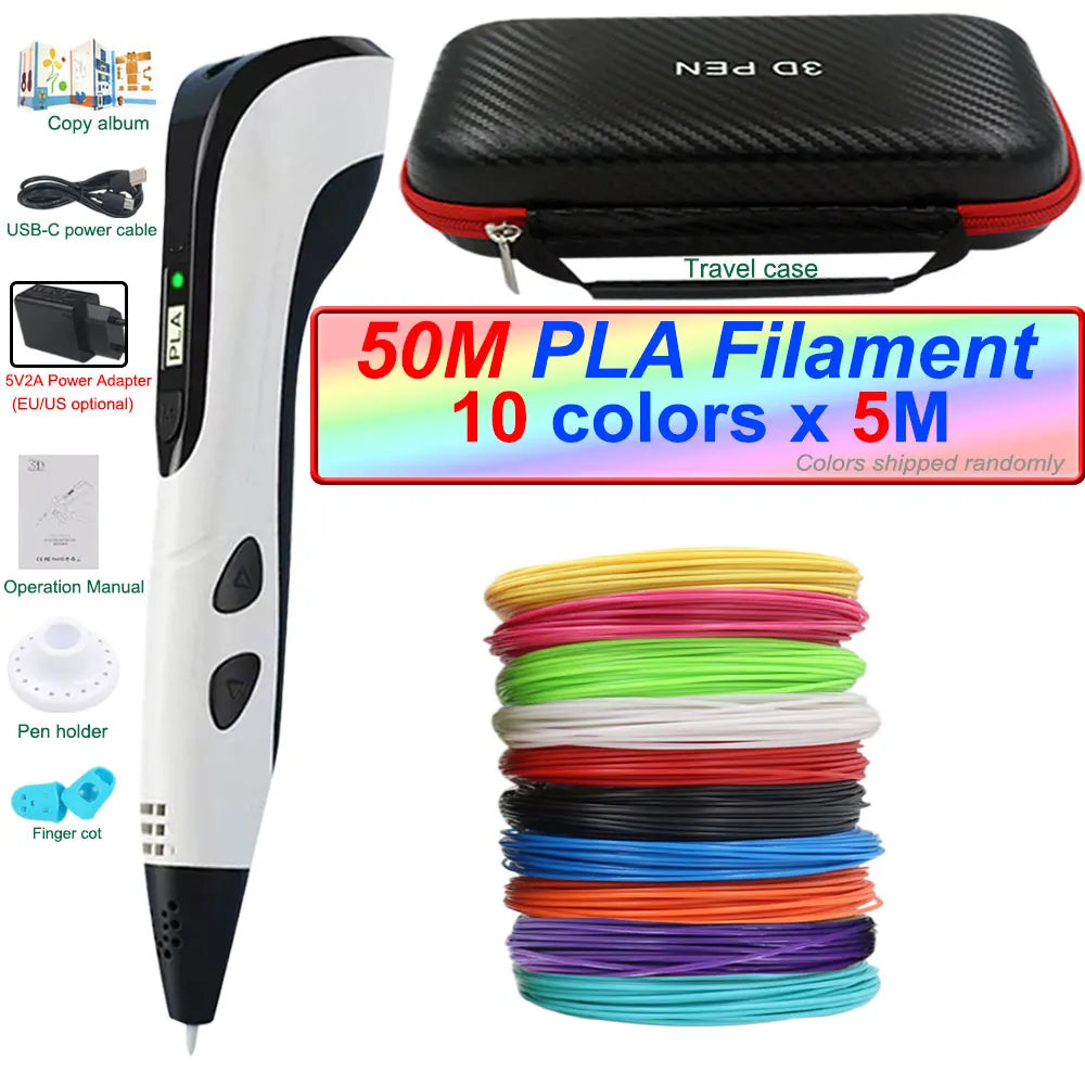 2026 New 3D Printing Pen 3D Pen for Children with Power Adapter 200M PLA Filament Travel Case Birthday Christmas Gift for Kids