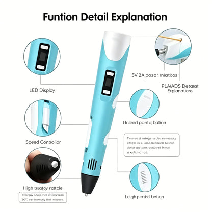 3D Printing Pen Adjustable Temp Speed LED Display DIY Graffiti Pen Non-Toxic PLA Safe Educational Toy For Kids Birthday Gift