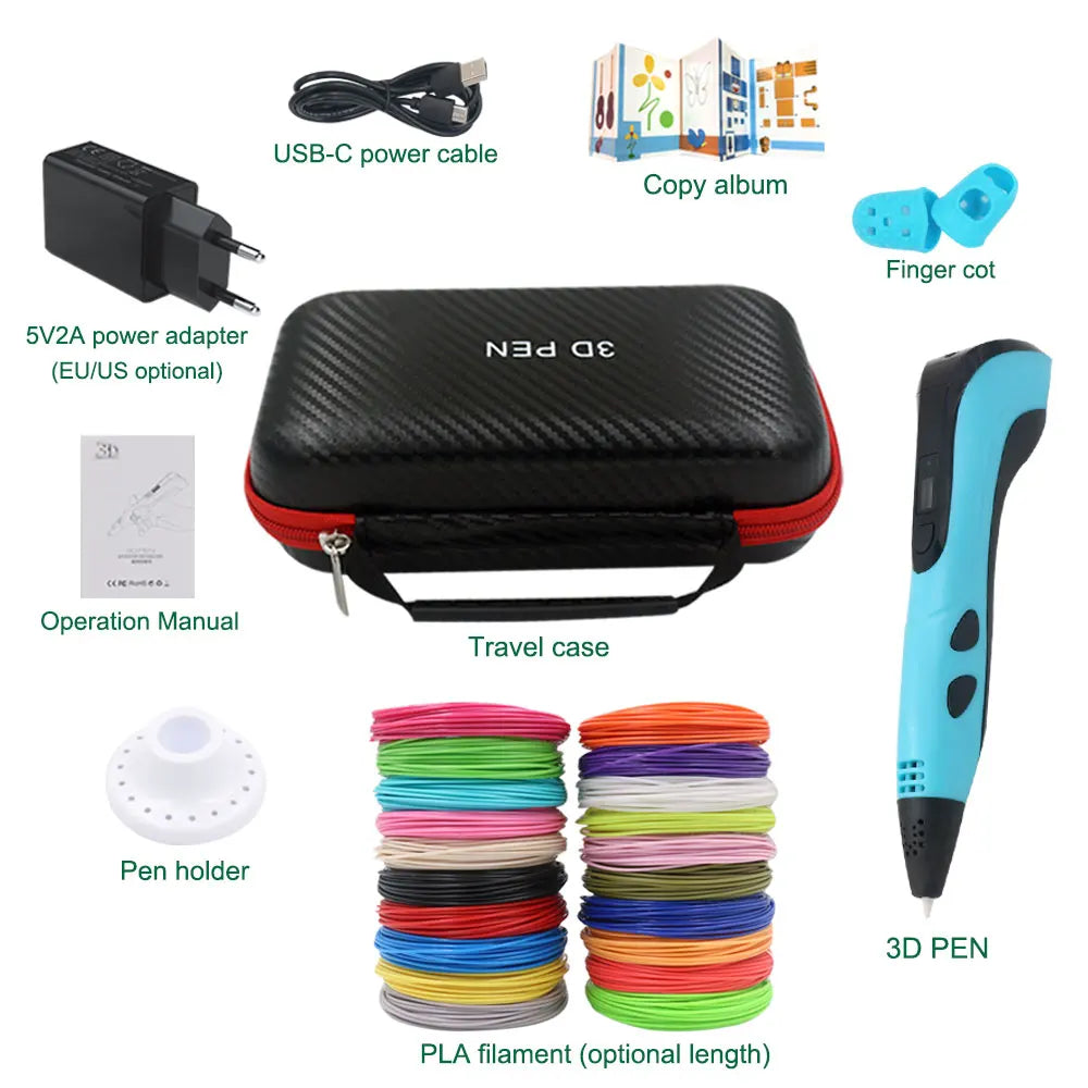 New Children's 3D Pen 3D Printing Pen with LCD Screen 200M PLA and Power Adapter Travel Case Christmas Birthday Gift for Kids