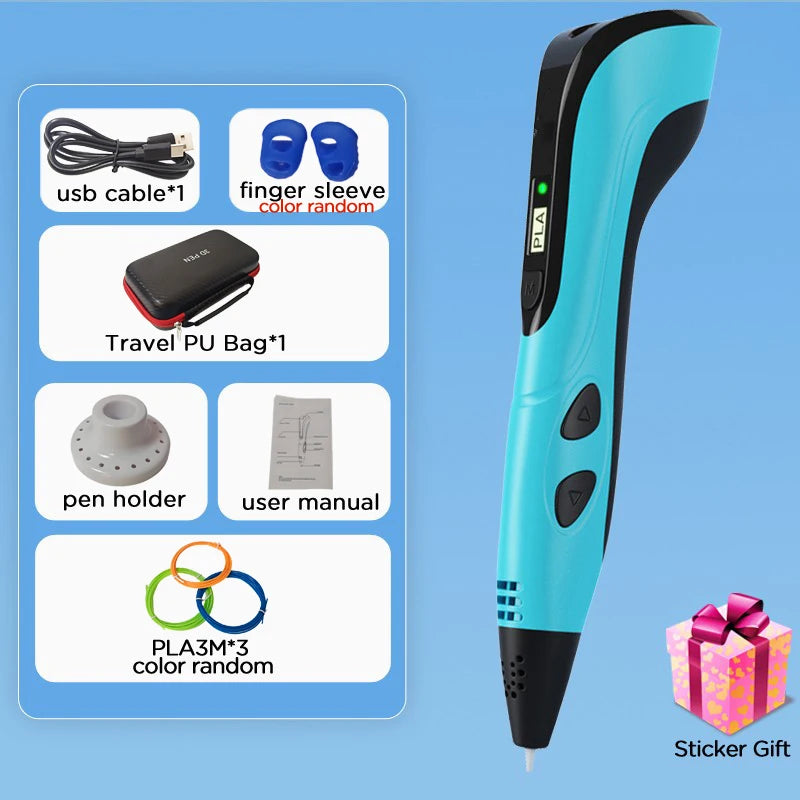 3D Printing Pen Children DIY Drawing Pen LED Screen Power Supply Adapter Travel Carry Box 100M PLA Birthday Christmas Gift Kids
