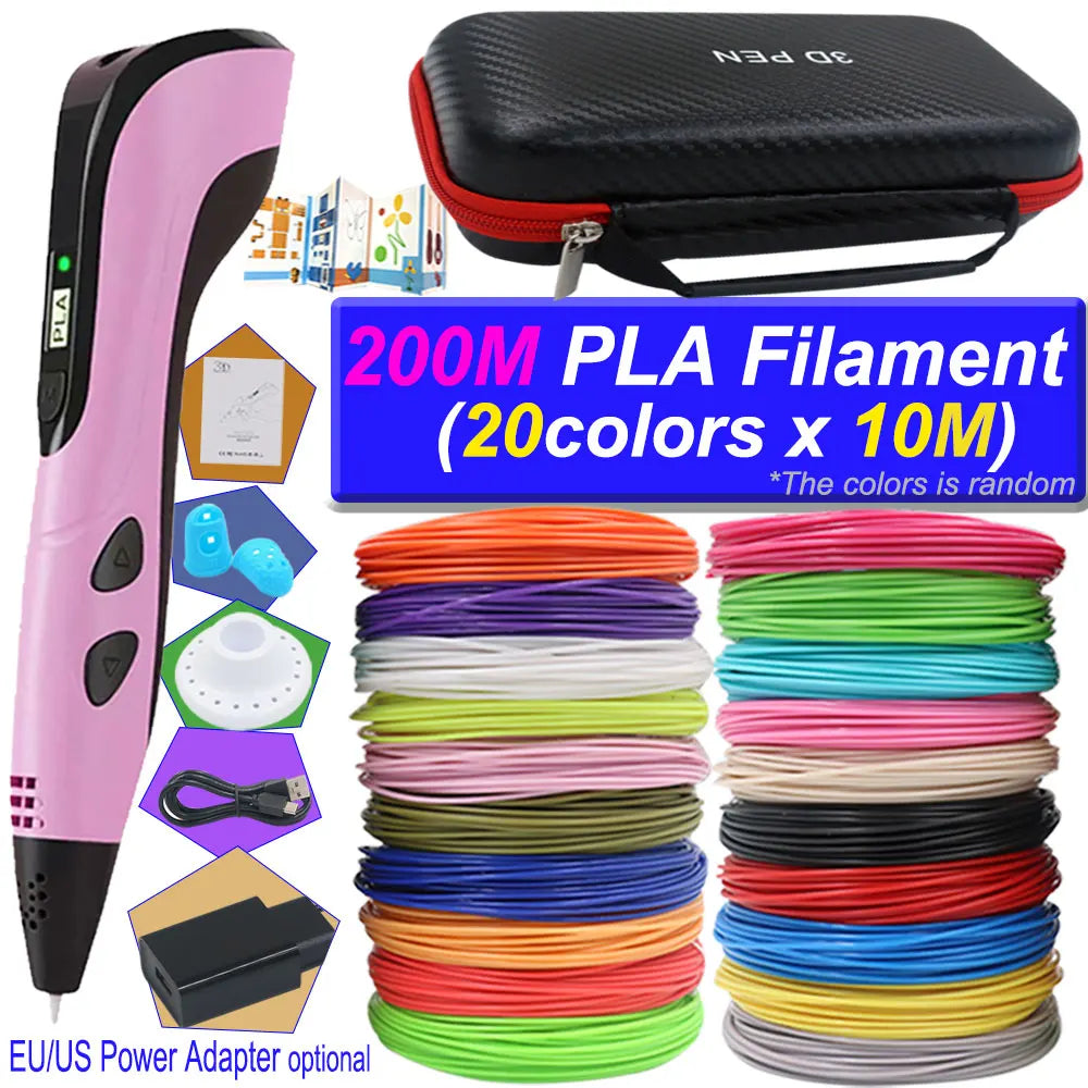 2026 3D Pen Set for Children 3D Printing Pen with LED Screen 200M PLA Power Adapter Travel Box Christmas Birthday Gift for Kids