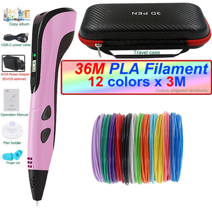 2026 New 3D Printing Pen 3D Pen for Children with Power Adapter 200M PLA Filament Travel Case Birthday Christmas Gift for Kids