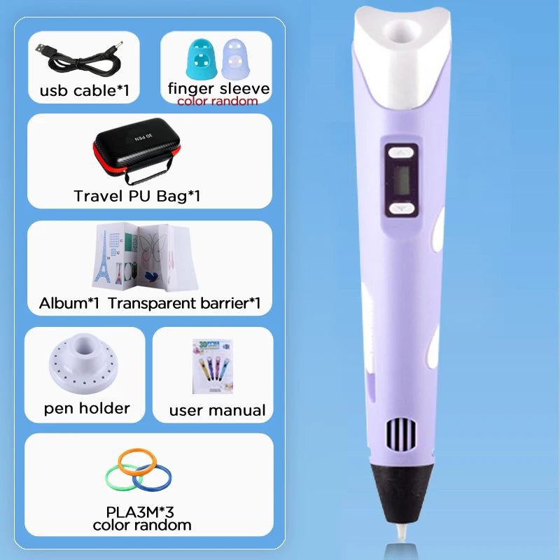 3D Pen for Kids Children 3D Drawing Printing Pen with LCD Screen Power Adapter 200M PLA Filament DIY Gift for Christmas Birthday