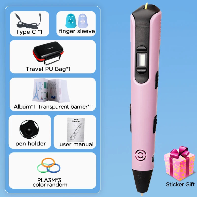 3D Pen for Children 3D Printing Pen with LED Screen 100M PLA 3M 40 Colors USB With Storage Box Christmas Birthday Gift for Kids