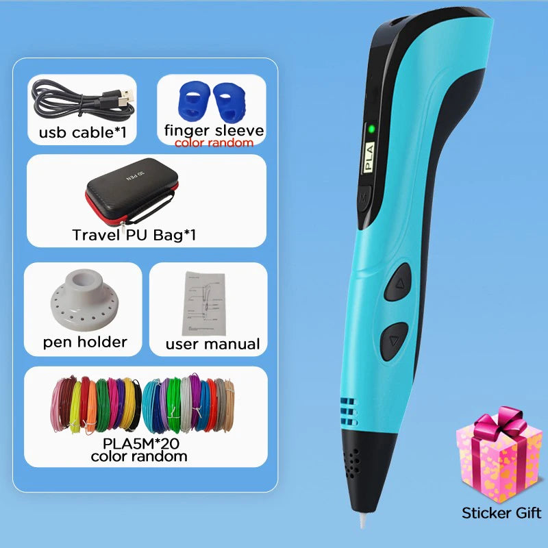 3D Printing Pen Children DIY Drawing Pen LED Screen Power Supply Adapter Travel Carry Box 100M PLA Birthday Christmas Gift Kids