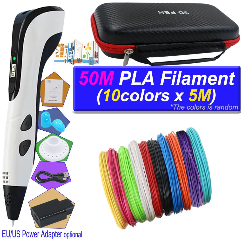 2026 3D Pen Set for Children 3D Printing Pen with LED Screen 200M PLA Power Adapter Travel Box Christmas Birthday Gift for Kids