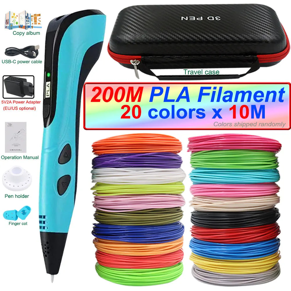 2026 New 3D Printing Pen 3D Pen for Children with Power Adapter 200M PLA Filament Travel Case Birthday Christmas Gift for Kids