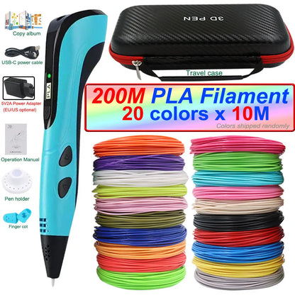 2026 New 3D Printing Pen 3D Pen for Children with Power Adapter 200M PLA Filament Travel Case Birthday Christmas Gift for Kids