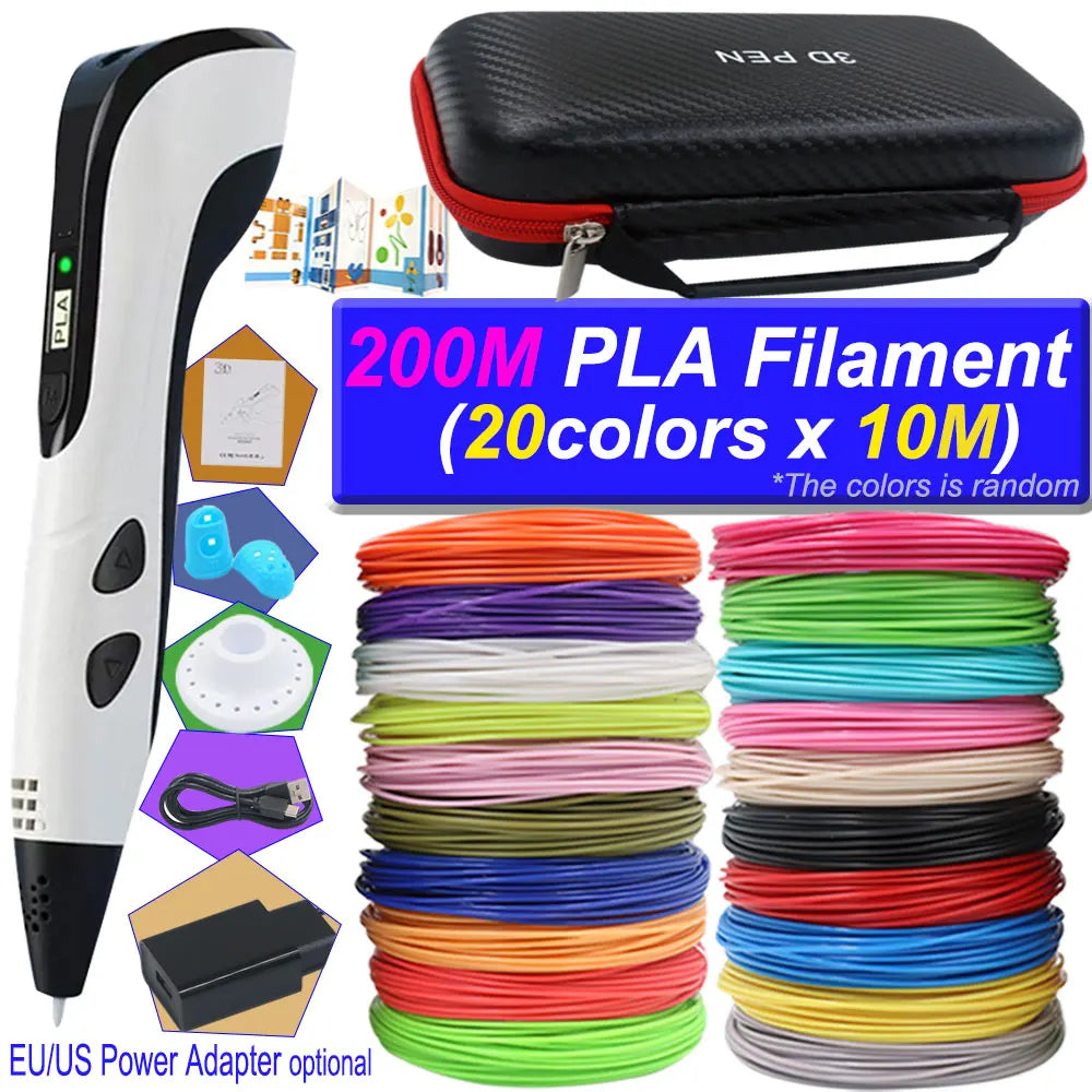2026 3D Pen Set for Children 3D Printing Pen with LED Screen 200M PLA Power Adapter Travel Box Christmas Birthday Gift for Kids