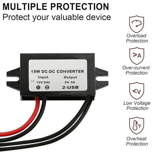 12V/24V to 5V 3A Power Adapter Converter DC-DC Step Down Module USB-A Female/Type C/dual USB/open Wire Connector Waterproof CE