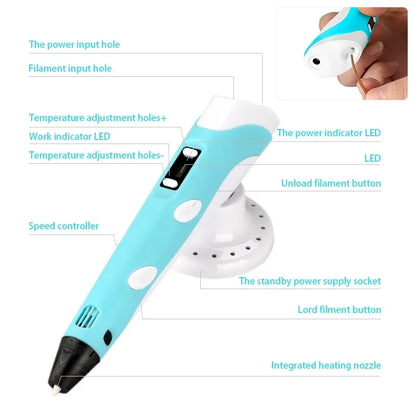 3D Pen LED Screen DIY 3D Printing Pen 50M PLA Filament Creative Toy Gift For Kids Design Drawing 3D Printer Pen Drawing Stift