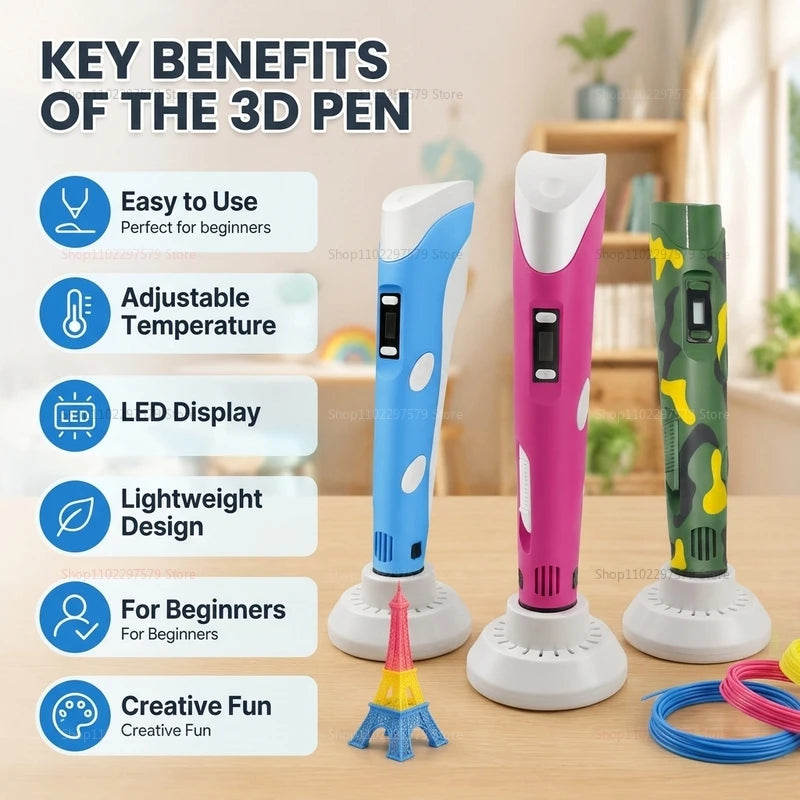 3D Printing Pen for Kids and Adults with 9M PLA Filament Safe High Temperature DIY Graffiti Art Drawing Gift for Birthday