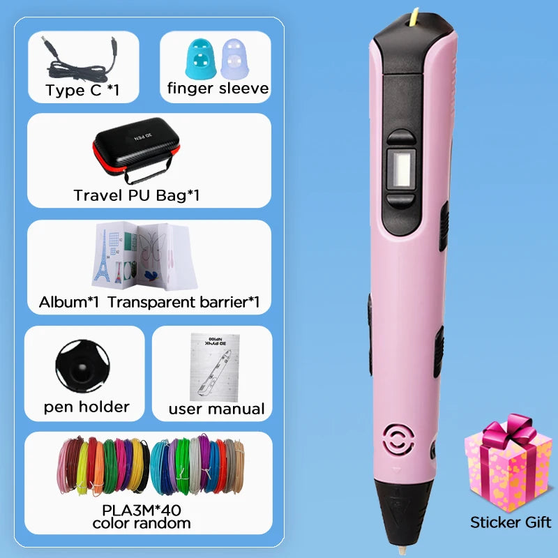 3D Pen for Children 3D Printing Pen with LED Screen 100M PLA 3M 40 Colors USB With Storage Box Christmas Birthday Gift for Kids