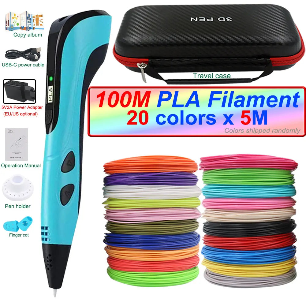 2026 New 3D Printing Pen 3D Pen for Children with Power Adapter 200M PLA Filament Travel Case Birthday Christmas Gift for Kids
