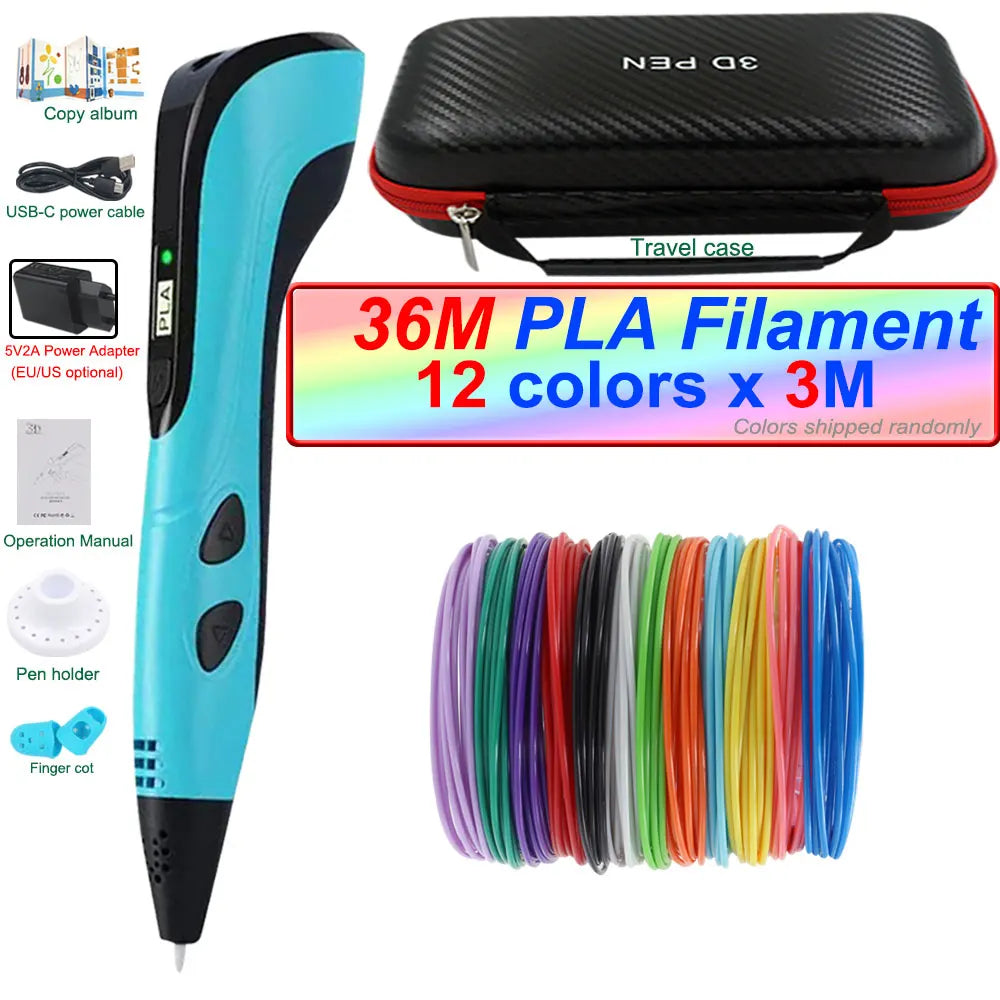 2026 New 3D Printing Pen 3D Pen for Children with Power Adapter 200M PLA Filament Travel Case Birthday Christmas Gift for Kids