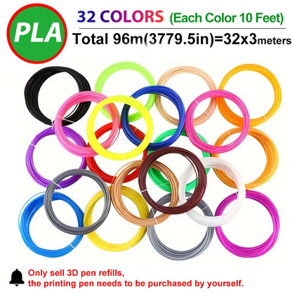 32 Colors 3D Pen Filament 1.75mm PLA, Each Color 10Feet(3m), Total 320 Feet (96m) 3D Pen Filament Refills, Random Color