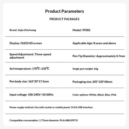 Professional 3D Printing Pen with OLED Screen Intelligent AI Chip 3 Gears Adjustable Ceramic Nozzle Support PLA/ABS 1.75mm