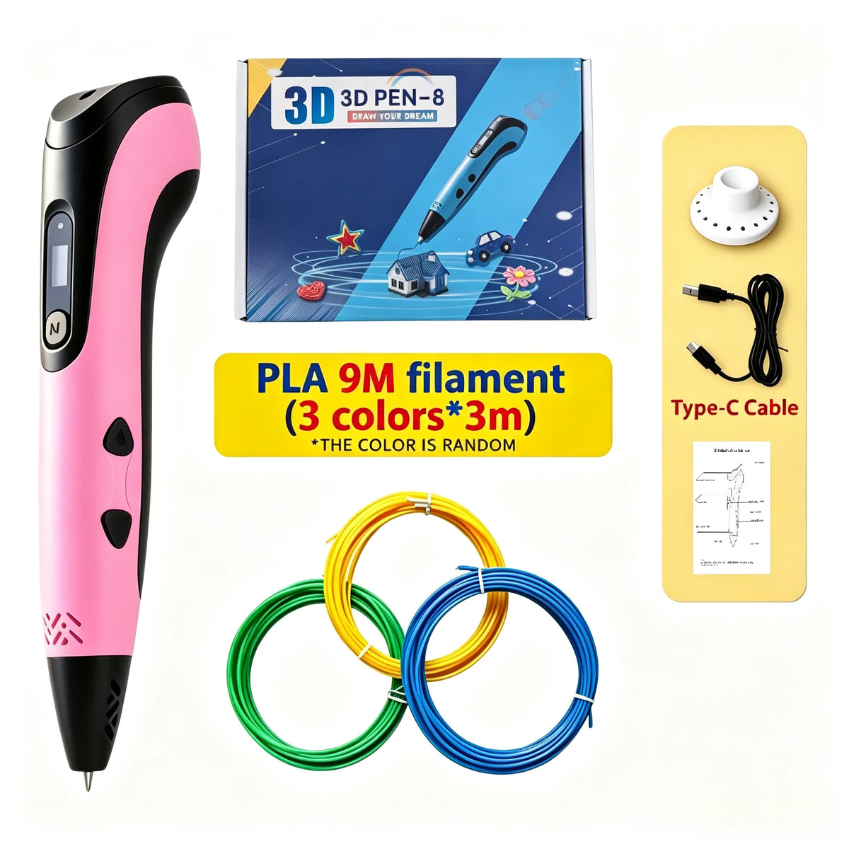 New Digital Display 3D Printing Pen Set Three Colors Optional Creative 3D Drawing Pen Kit Multicolor PLA Material for Handcraft