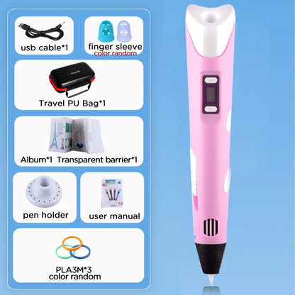 3D Pen for Kids Children 3D Drawing Printing Pen with LCD Screen Power Adapter 200M PLA Filament DIY Gift for Christmas Birthday