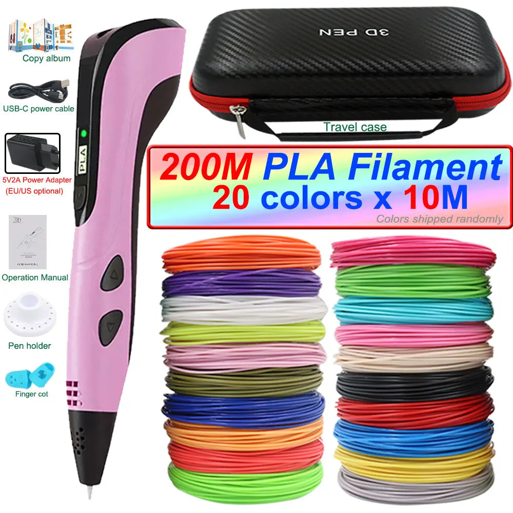 2026 New 3D Printing Pen 3D Pen for Children with Power Adapter 200M PLA Filament Travel Case Birthday Christmas Gift for Kids