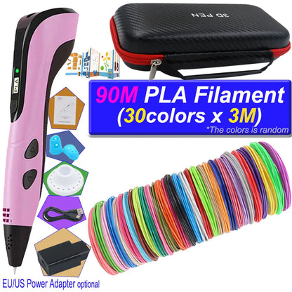 2026 3D Pen Set for Children 3D Printing Pen with LED Screen 200M PLA Power Adapter Travel Box Christmas Birthday Gift for Kids