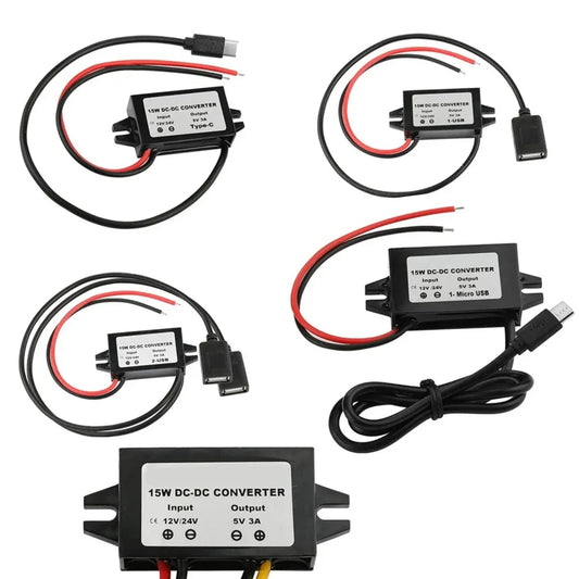 12V/24V to 5V 3A Power Adapter Converter DC-DC Step Down Module USB-A Female/Type C/dual USB/open Wire Connector Waterproof CE