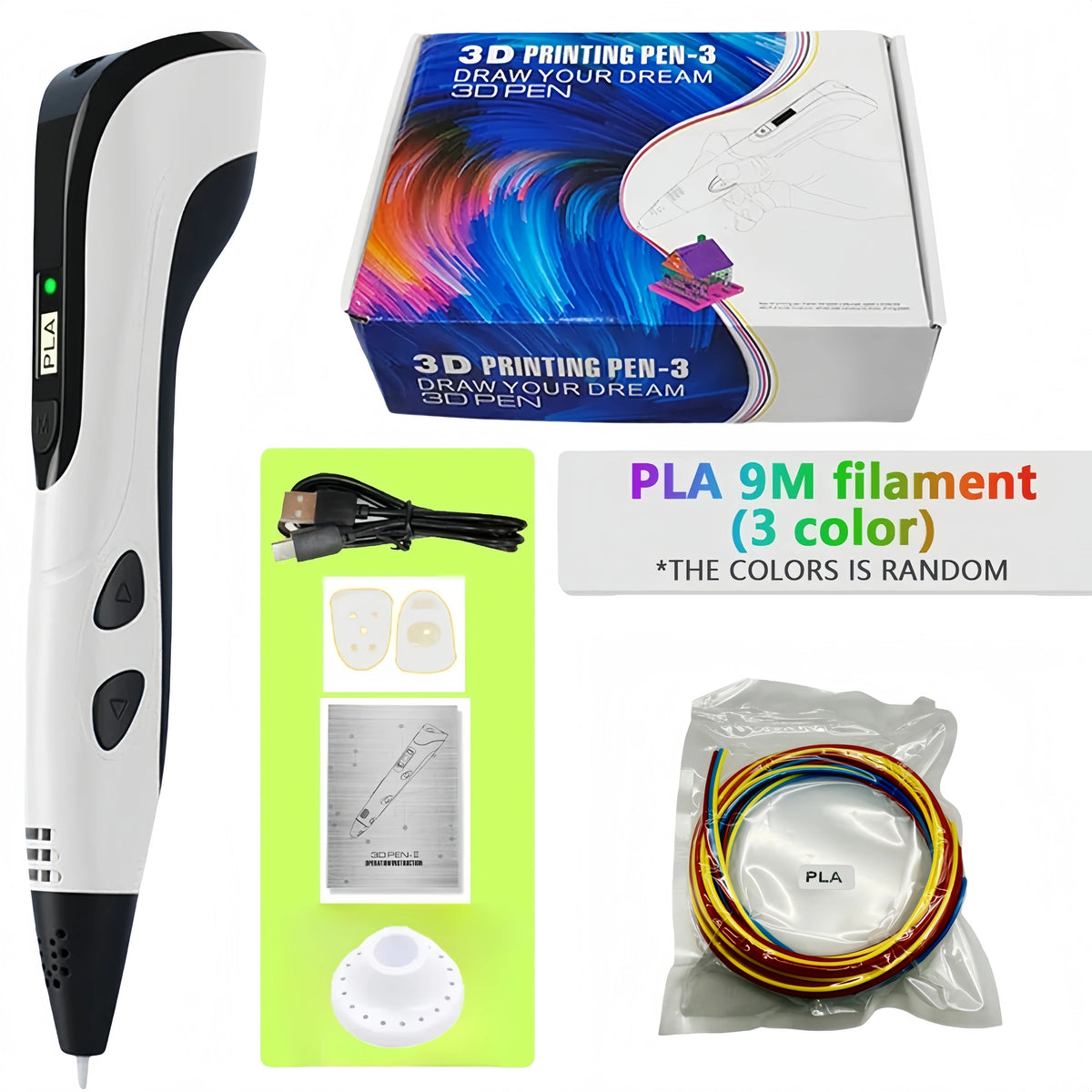 Third-Generation Super 3D Pen, with 1.75mm PLA Filament, LED Display, 3D Printing Pen, Children's Birthday or Christmas Gift